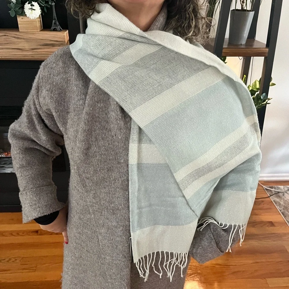 Steve Madden Women's Lurex Fringe Muffler Scarf - Blue Grey - 72 x 11 in